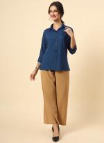 Rayon Aqua Blue Office Wear Plain Readymade Women's Shirt